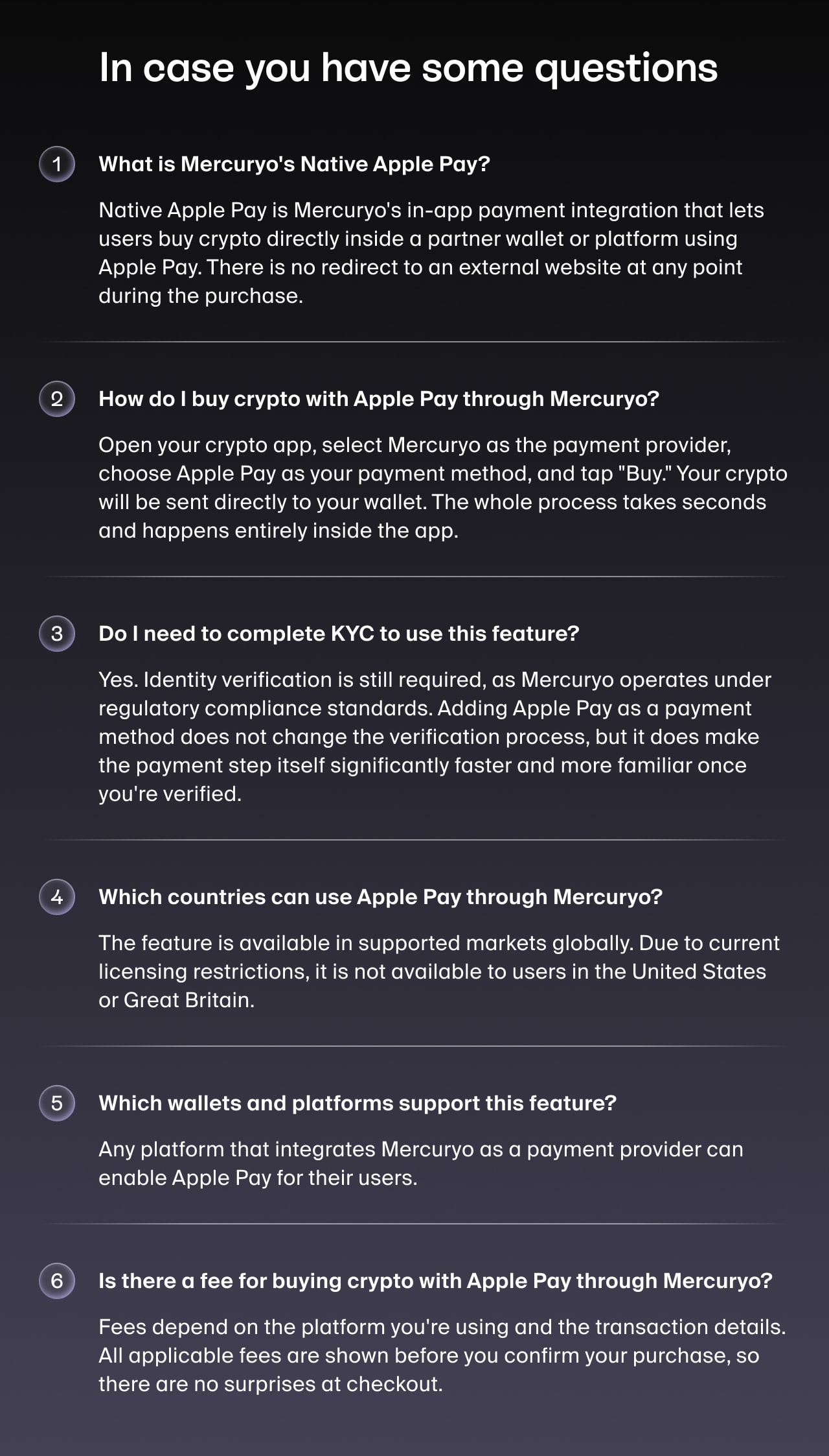 Apple Pay crypto FAQ: Native Apple Pay, buying steps, KYC, supported countries, and fees